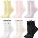 Cute Ruffle Cotton Crew Socks for Women Bow Striped Polka Dot Checkered Casual Soft Princess Sock for Girls