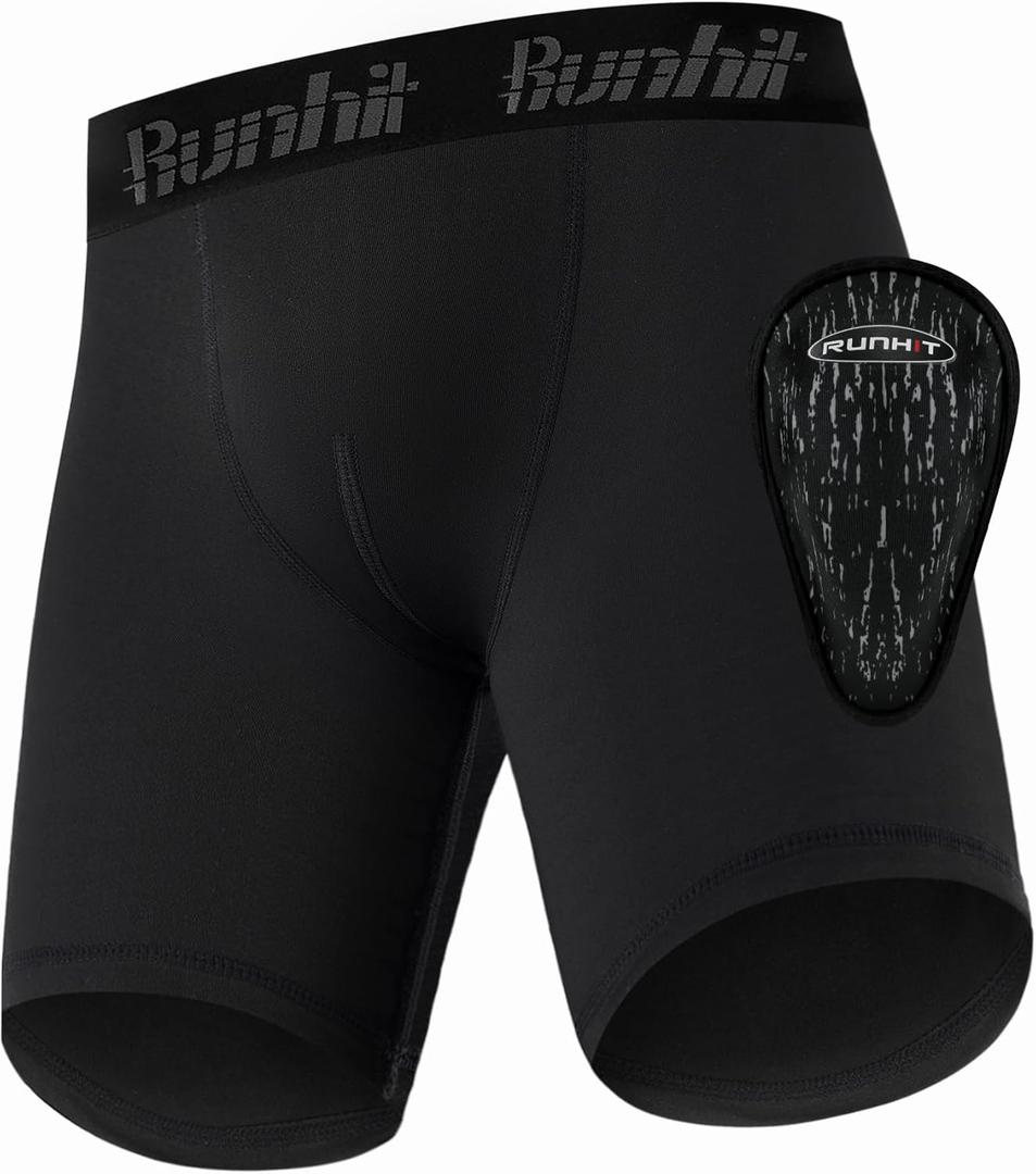 Runhit Boys Cup Underwear for Baseball Football, Youth Compression Shorts with Soft Protective Athletic Cup Boxer Brief for Lacrosse Hockey (Black, L)