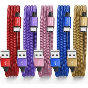 etguuds USB C Cable 6ft, 5-Pack USB to USB C Charger Cable, Fast Charging Cord Type C for iPhone 17 16 15 Pro Max Plus 17 Air 16e, Samsung Galaxy S25 S24 S23 S22 S21 S20 A17 A16 A15 A26 A36 A56 A55 (Red/Purple/Pink/Blue/Gold)