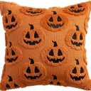 EMEMA Fall Pumpkin Ghost Decorative Throw Pillow Covers 18x18 Inch Set of 2 Soft Plush Faux Wool Couch Pillow Covers 3D Embroidered Halloween Couch Cushion Case for Living Room Home Decor (Orange)
