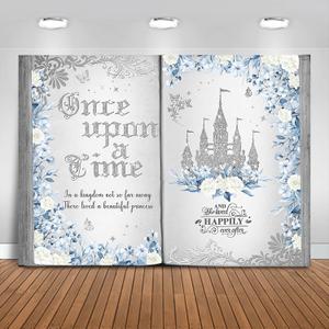 Once Upon a Time Backdrop 7x5ft Blue Floral Silver Castle Princess Fairy Tale Book Birthday Background Party Decorations for Girl Opening Magic Book Romantic Story Wall Decor Banner