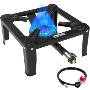 Bestfire High Pressure Propane Burner, 260000 BTU Single Propane Stove with 4.1ft 0-20Psi Adjustable Hose with Regulator, 16" Square Steel Cooktop for Camping