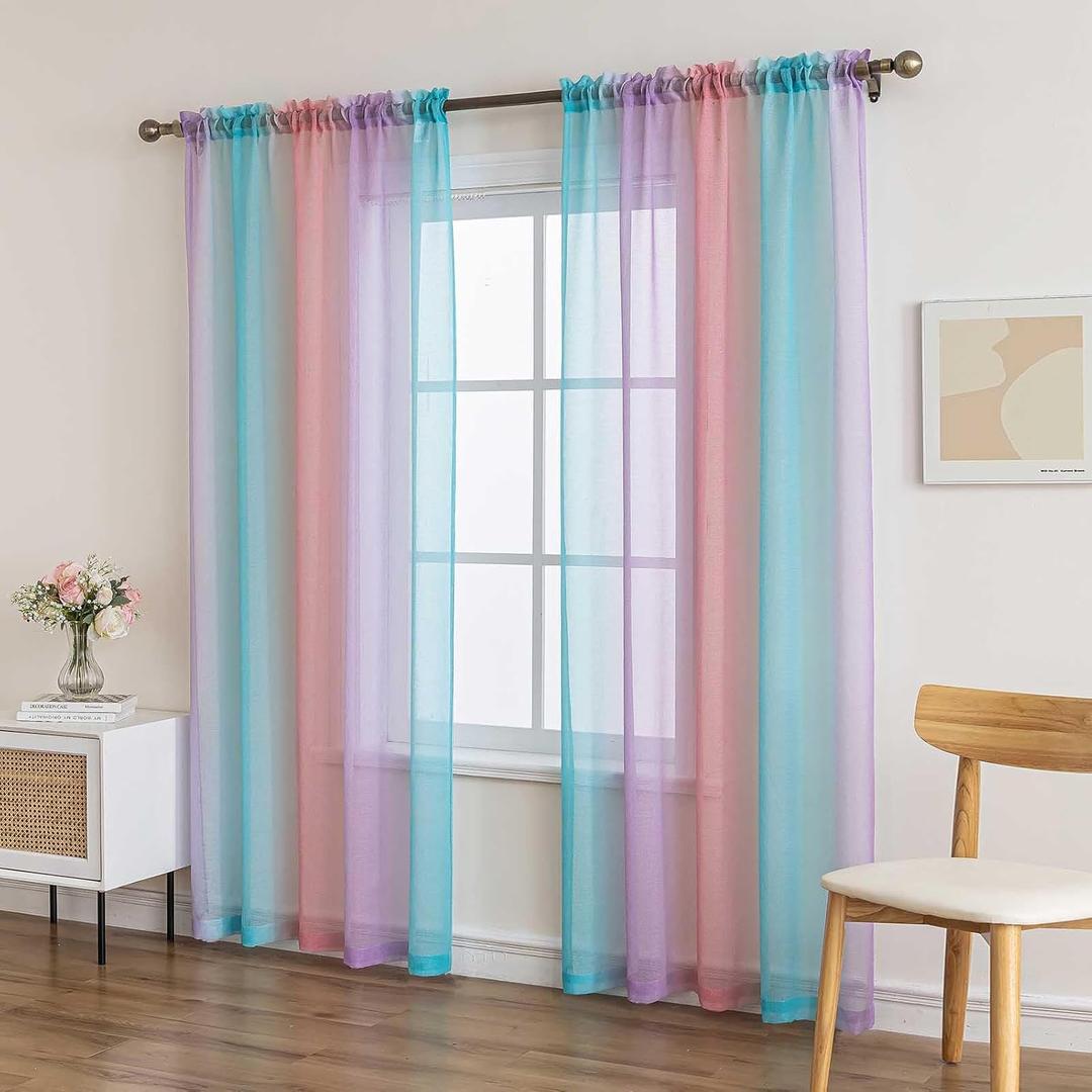 indistar Rainbow Sheer Curtain Panels, Light-Filtering Decorative Curtains, Suitable for Bedroom, Living Room, Kids' Room, Romantic Dreamy Sheer Curtains for Home Dcor (52W x 63L