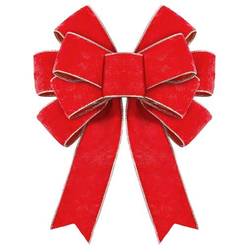 DIYDEC 1PCS Christmas Red Bows Decorations, 12 x 14 Inches Large Velvet Christmas Tree Wreaths Bows with Glitter Gold Edge for Xmas Tree Topper Outdoor Front Door Fence Stairs Fireplace Decor