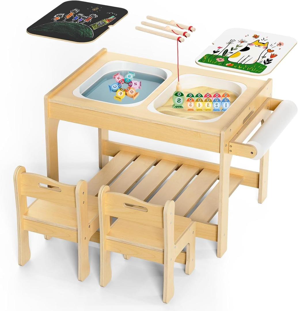 Sensory TableKids Sensory Table for Toddlers 1-3, Indoor Activity Table, Montessori Toddler Activity Table with 2Chairs, 2 Foldable Storage Bins Paper Roll and Fishinhg Game