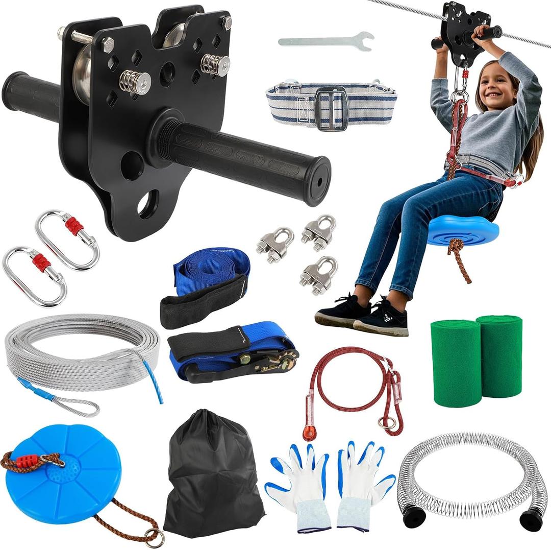 Zipline for Backyard Kids and Adults: 100FT Up to 400 lbs - Updated Removable Design Trolley,Thickened Seat,Safety Harness,Quick Tighten Zipline Kits for Outdoor