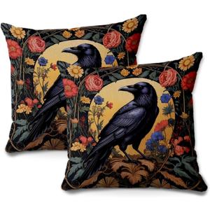 2 Pcs Abstract Vintage Floral Velvet Black Crow Throw Pillow Covers 18x18 Inch, Retro Art Decor Pillowcase Square Cushion Covers, Black Crow Decor Pillows for Couch Sofa Living Room Bedroom (Multicolor 1343)