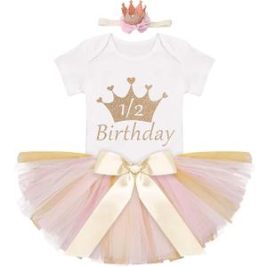 IDOPIP Birthday Outfit Girls Baby Strawberry Heart One Romper + Ruffle Tulle Skirt + Sequins Crown Headband 3PCS Clothes Set
