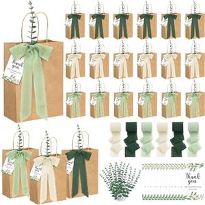 Motipuns 50 Sets Wedding Bags for Guests Bulk Sage Green Wedding Welcome Gift Bags Stuffers with Faux Eucalyptus Stems Chiffon Ribbon Thank You Cards for Bridal Party Baby Shower