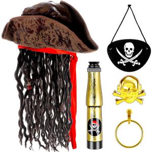 Pirate Hat with Dreadlocks Braids and Costume Accessories Set, Halloween Masquerade Accessory Set of 5