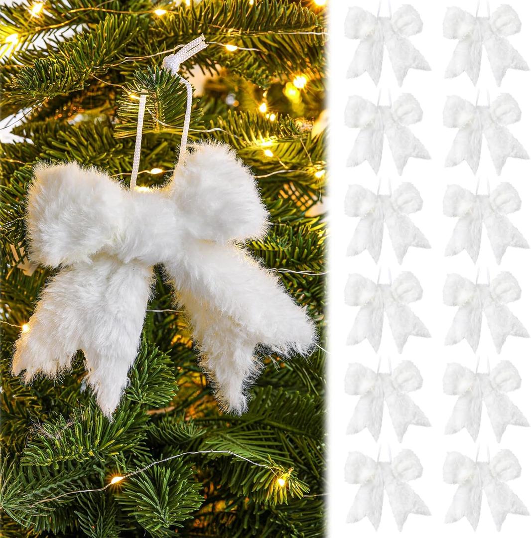 12 Pcs Fur White Christmas Tree Bow Decor Furry Farmhouse Bow Hanging Ornaments Rustic Boho Christmas Ball Decorations for Xmas Tree Indoor Outdoor Home Office Decor