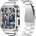 Metal Band Compatible with Apple Watch Band, Stainless Steel iWatch Band with Bumper Case for Men,iWatch Strap with Metal Protective Cover (Silver) 44mm(Series SE/SE2 6/5/4)