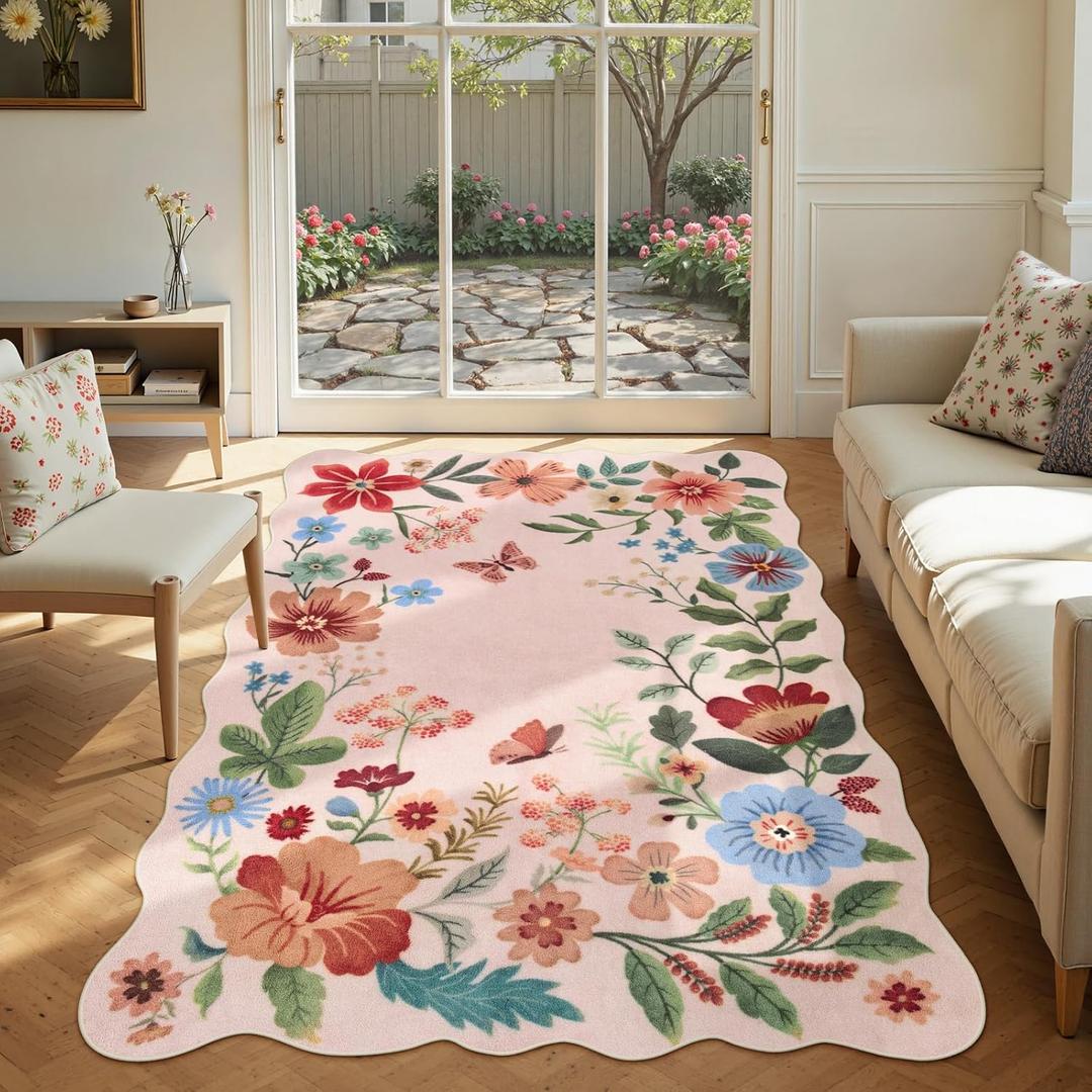Lahome Floral Washable Rugs, 4X6 Pink Rugs for Bedroom Girls Ultra-Thin Soft Living Room Rug, Non-Slip Stain Resistant Boho Throw Carpet for ‎Nursery Office Flore, Light Pink