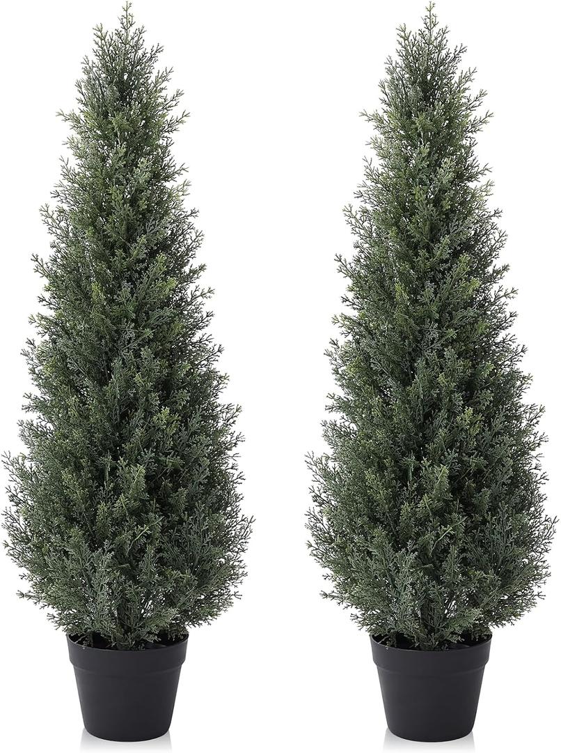 Laiwot 3FT Artificial Cedar Topiary Trees for Outdoors Potted Fake Cypress Trees Faux Evergreen Plants for Home Porch Decor, Set of 2