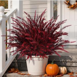 HyeFlora Artificial Fake Outdoor Plants for Fall Decoration, 8PCS Faux Wheat Grass Greenery Shurbs UV Resistant Fake Plant for Planter Home Garden Porch Window Box (Burgundy)