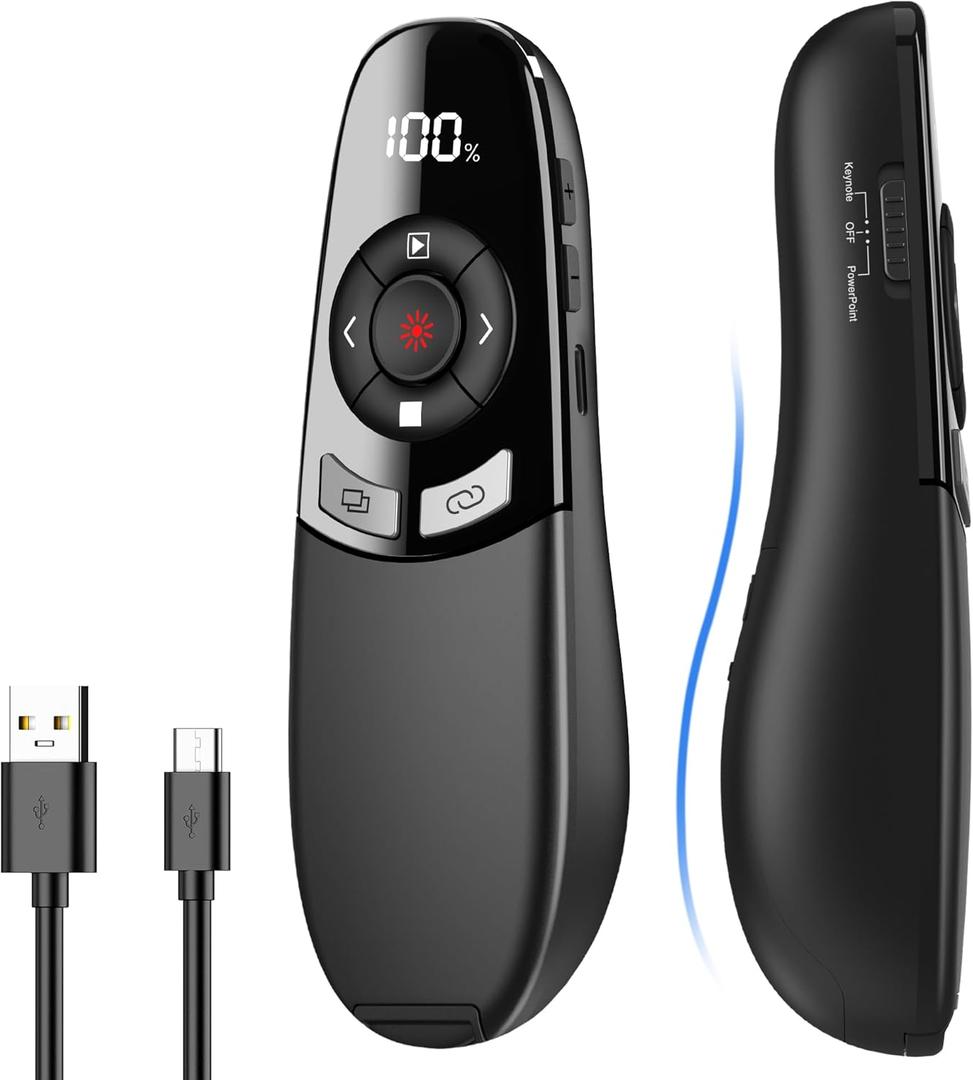 Rechargeable Wireless Presentation Clicker with Red Laser Pointer and Battery & Timer Display, Powerpoint Clicker for PC Mac Keynote Google, Presenter Remote PPT Remote for Powerpoint Presentations