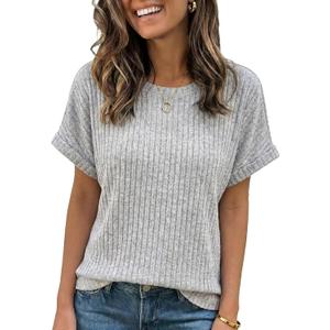 Rooscier Women's Ribbed Round Neck Rolled Short Sleeve Dressy Casual T Shirts Tops, Gray Medium