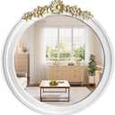 White Round Wood Mirror 28 Inch, Large Rustic Boho Coastal Wall Decor with White Wood Frame and Gold Metal Carved Accents, Farmhouse Decorative Mirror for Entryway, Bedroom, Living Room, Bathroom