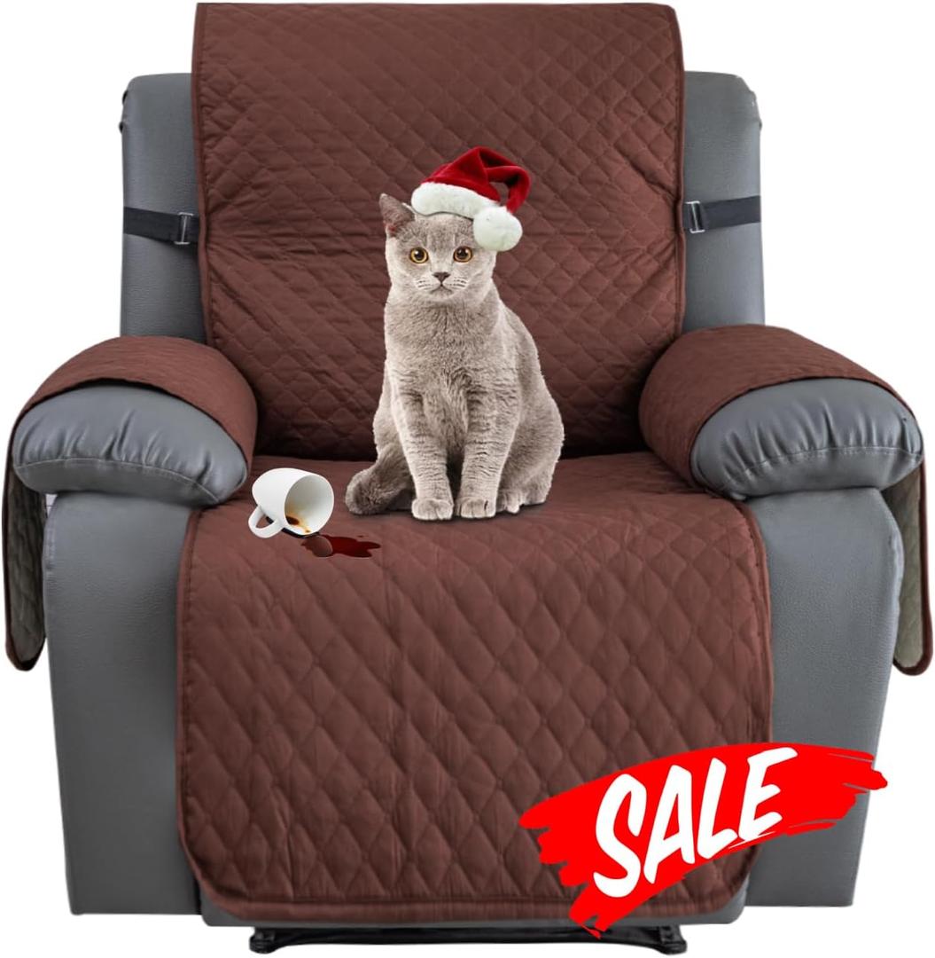 XINEAGE Water Resistant Recliner Cover, Nonslip Recliner Chair Covers for Reclining Chair with Pockets, Quilted Thick Recliner Slipcovers for Pets and Kids (Recliner Chair, Coffee) (1 Seater Recliner)
