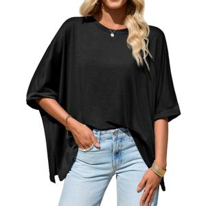 Tankaneo Womens Oversized Tshirts Batwing Short Sleeve Asymmetric Hem Tops Summer Casual Loose Fit Tunic Tee Shirts (Size Small, Black)