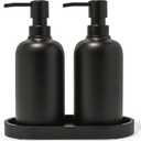 Matte Black Soap Dispenser Set with Tray, 2 Pack 15oz Round Rustproof Liquid Hand Dish Soap Dispensers with Tray for Kitchen Sink, Countertop, and Bathroom
