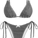 ZAFUL Women's Sexy Triangle Thong Bikini Set 2025 Plaids Print Two Piece Swimsuit Brazillian Cute String Bathing Suit (Black, M)