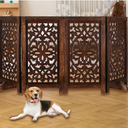 Free Standing Dog Gate – 4 Panel Foldable Wooden pet gate Indoor 56" W x 28" H, Hand-Carved Solid Wood & MDF, Portable Indoor Gate for Doorways, Halls, Stairs – Fully Assembled, Burnt Finish