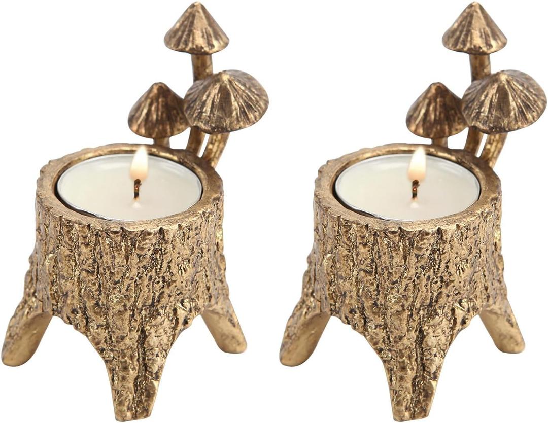 NIKKY HOME Mushroom Candle Holder Set of 2, Cute Tealight Candle Holders for Centerpiece Table Decorations, Decorative Stand for Tea Light Candles, Votive Candles, Cottagecore Fall Decor - Gold