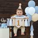 First Birthday High Chair Banner Decorations for Boy 1st Birthday Hat with One Cake Topper Photo Backdrop