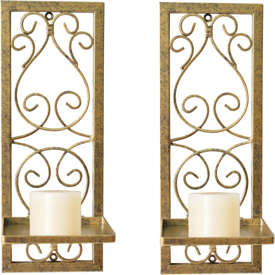 Metal Wall Candle Sconce Candle Holder Set of 2, Antique Gold Wall Mount Candle Holder Minimalist Line Metal Wall Art Decor Candle Sconces for Living Room Fireplace Wedding Farmhouse