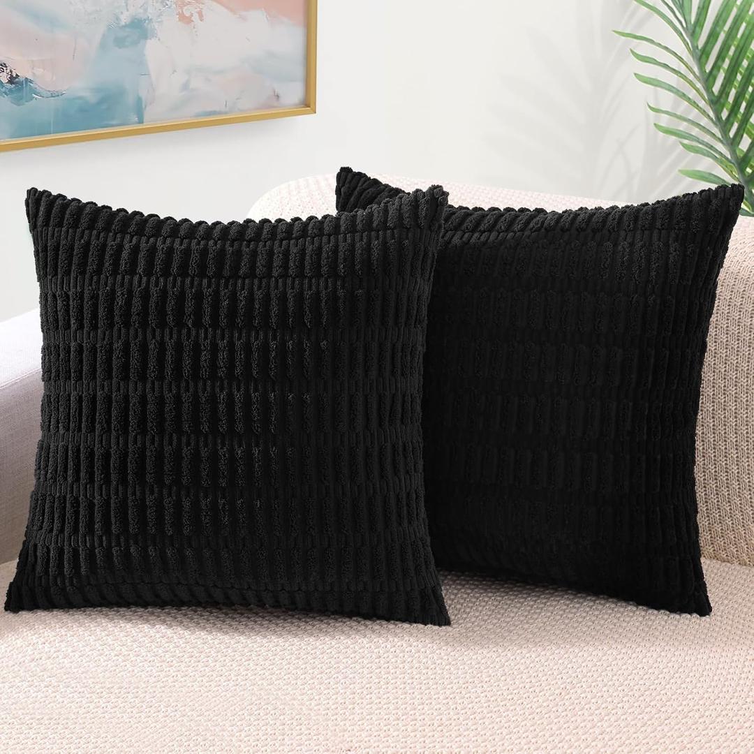 decorUhome Black Decorative Throw Pillow Covers 18x18 Set of 2, Soft Corduroy Striped Square Pillow Covers for Couch Living Room Bed Sofa