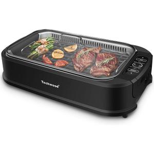 Techwood 1500W Smokeless Indoor Electric Grill with Non-Stick Plates and Tempered Glass Lid - Korean Grill with Temperature Control , Black