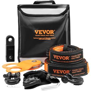 VEVOR Off-Road Recovery Kit, 3" x 30' Tow Straps Heavy Duty with Hooks 30,000 lbs Winch Strap Kit, 44092 lbs D-Ring Shackles, Shackle Receiver, Snatch Block Pulley, Gloves, Storage Bag for ATV Jeep