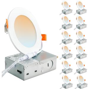 DLLT LED Recessed Ceiling Lights: 12 Pack 4 Inch 5CCT Ultra-Thin Lighting with Junction Box for Bedroom - 900LM Brightness 9W Eqv 90W Dimmable Canless Wafer Downlight with ETL&FCC