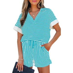 KevaMolly Womens Lounge Sets V Neck Tee and Casual Short Set Casual Pocket Decoration Two Piece Sets (Blue, M)