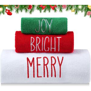 Shemilly Christmas Bathroom Towels Set of 2 White Red Merry Bright Embroidered Soft 100% Cotton Bath Towel Joy Hand Towels for Winter Holiday Christmas Kitchen Decor Gift Dish Drying Cleaning