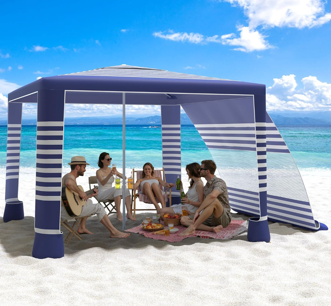 MoKo Beach Cabana, 8'x8' Large Beach Canopy with Side Wall, U0F 50+ Protection Easy Setup Beach Tent Sun Shelter, Adjustable Height Wind Resistant Cabana Beach Tent for Whole Family, Navy Stripes