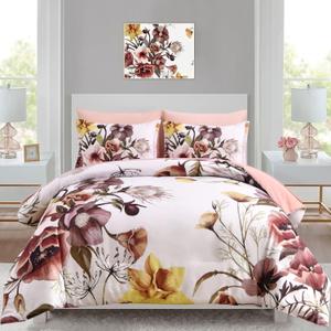 Luxudecor Floral Comforter Set King Size 7 Piece, Blush Flower Bed in a Bag, Elegant Floral Comforter with Sheet Set, Soft Microfiber Bedding Set for All Season (Blush, 104"x90")