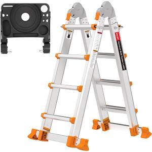 Valeo Ladder 14FT, Multi Position 4 Step Ladder Extension, Anti-Slip A Frame Folding Ladder with Removable Tool Tray, 330lbs Adjustable Telescopic Aluminum Ladders for Stairs Home Indoor Outdoor Roof (Silver)