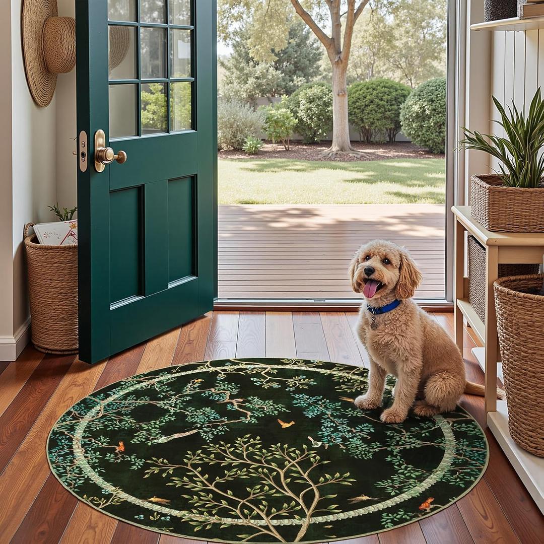 Jinchan Yarden Round Rugs 4ft Moss Green Botanical Birds Print, Machine Washable 4' Circle Nature Plants Modern Soft Non-Slip Throw Area Rugs Low Pile Carpet for Entryway Bedroom Kids Room