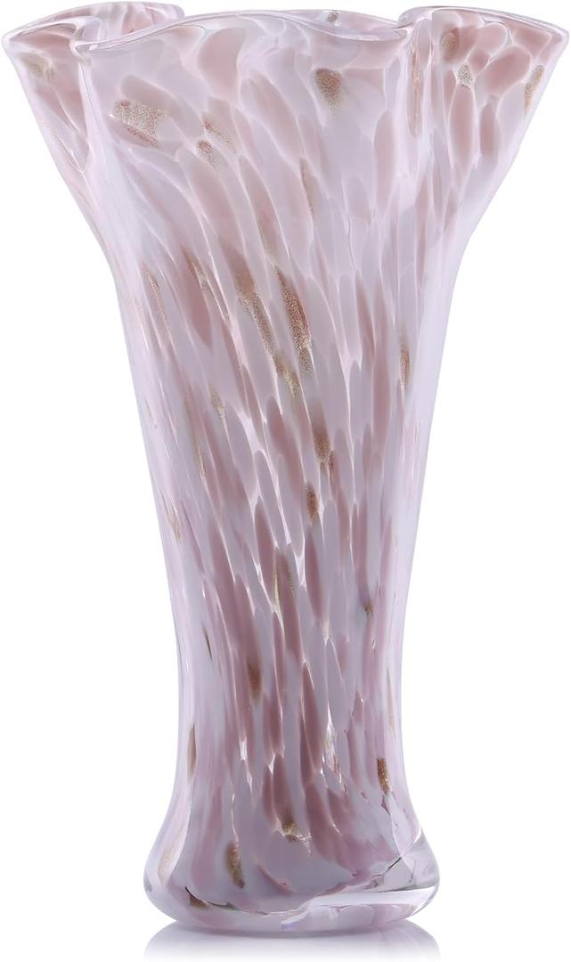 9.0" H Pink Glass Vases for Flowers, Unique Hand Blown Glass Vase Pink Home Decor, Wide Mouth Colorful Flower Vase Centerpieces, for Living Room Table Bookshelf, Bathroom Office Shelf Decorative