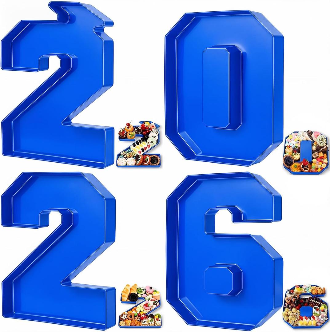 Tellingyou 4 Pcs 13.7" 2026 Charcuterie Numbers Fillable Graduation Disposable Mache Box Chocolate Candy Tray Grad Container Decoration(Blue,2026)