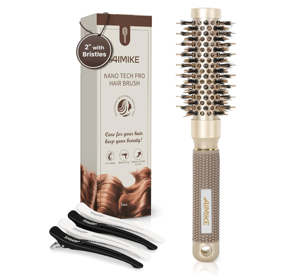 AIMIKE Round Hair Brush, 1 inch Barrel with Boar Bristles, Nano Thermal Ceramic & Ionic Tech, for Blow Drying, Styling, Curling and Shine + 4 Clips (Gold, Unisex, Fine Hair, Short Hair, AntiFrizz)