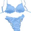 RoseSeek Women's Two Piece Textured Bikini Set Ring Linked Triangle Bathing Suit Tie Back Cheeky Swimsuit (Blue, S)