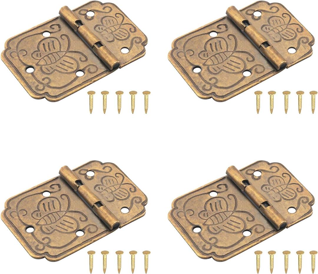 4PCS Butterfly Square Hinge with Screws 0.8x0.5x0.9 inch Brass Engraved Wooden Box Jewellery Gift Wine Packaging Hinge for Mini Cabinet Toolbox