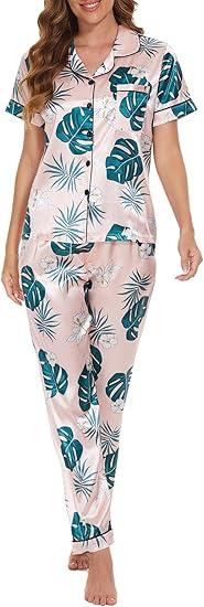 VENTELAN Womens Silk Satin Pajama Sets Short Sleeve Button Down Top and Long Pants 2 Piece Pjs Set Soft Sleepwear Size XL