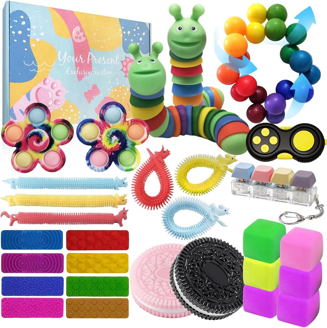 29 Pack Fidget Sensory Toys for Kids Adults with Autism ADHD, Stress Relief Anxiety Items Set Includes Slug Toy, Pop Spinner, Squishy Cube for Classroom Travel Quiet Fidgets Gifts