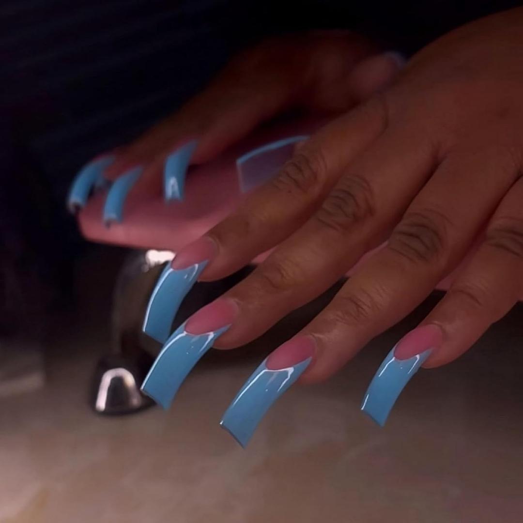 Curved Nail Tips Long Blue French Tip Press on Nails Square Fake Nails False Nails with Curved Shape Designs French Manicure Glue on Nails for Women Girls 24Pcs