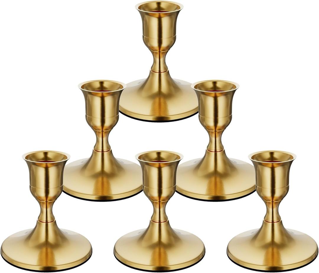 zeochyni 6PCS Brass Gold Taper Candle Holders, Vintage Metal Candlestick Holders for Dinner Room Table Centerpiece or Mantel Wedding Party Decor