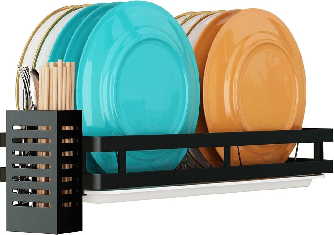 Wall Mounted Stainless Steel Dish Drying Rack Fruit Vegetable Storage Basket with Drainboard and Hanging Chopsticks Cage Kitchen Shelf Utensils Organizer (1 Tier)